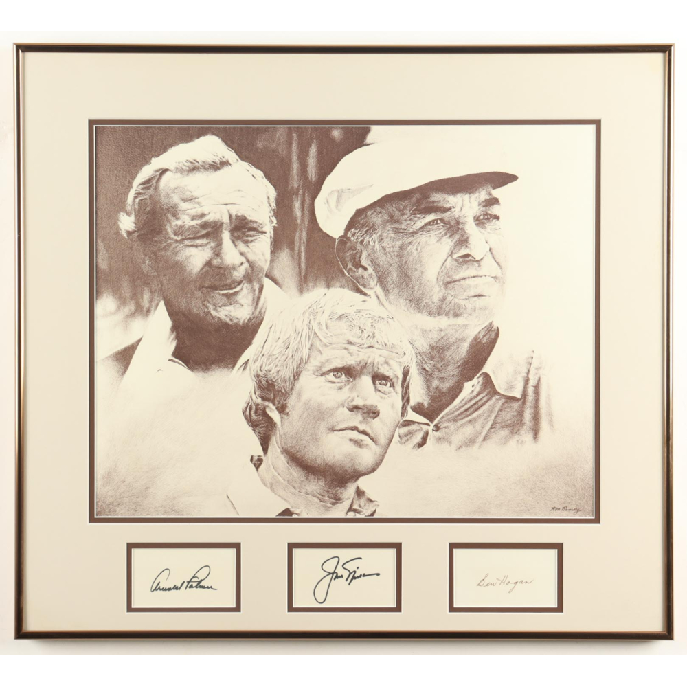 Arnold Palmer, Ben Hogan & Jack Nicklaus Signed Custom Framed Cut Display (PSA | Auto Grade 10) at PristineAuction.com