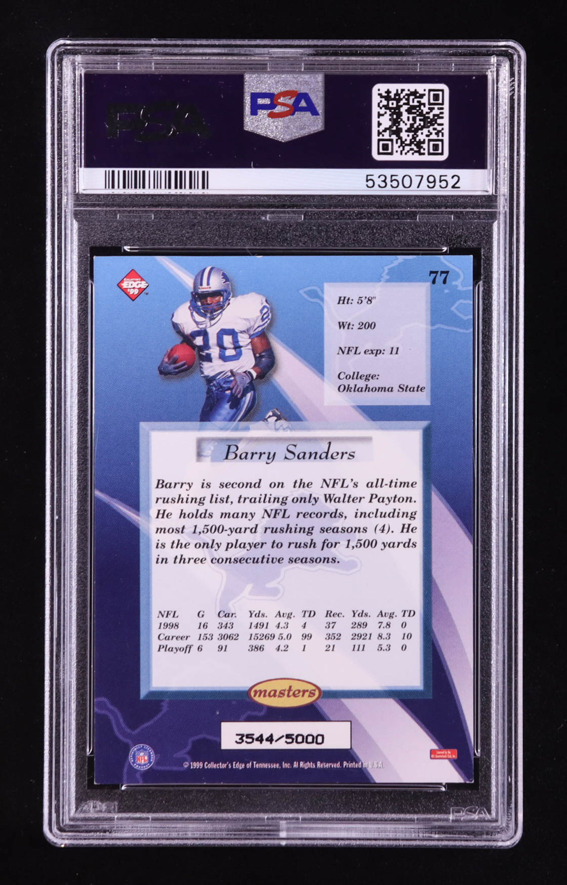 Barry Sanders 1999 Collector's Edge Masters #77 #3544/5000 (PSA 8) at PristineAuction.com Barry Sanders 1999 Collector's Edge Masters #77 #3544/5000 (PSA 8) at PristineAuction.com