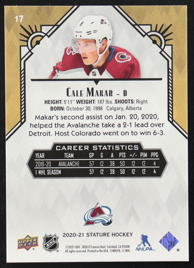 Cale Makar 2020-21 Upper Deck Stature #17 at PristineAuction.com Cale Makar 2020-21 Upper Deck Stature #17 at PristineAuction.com