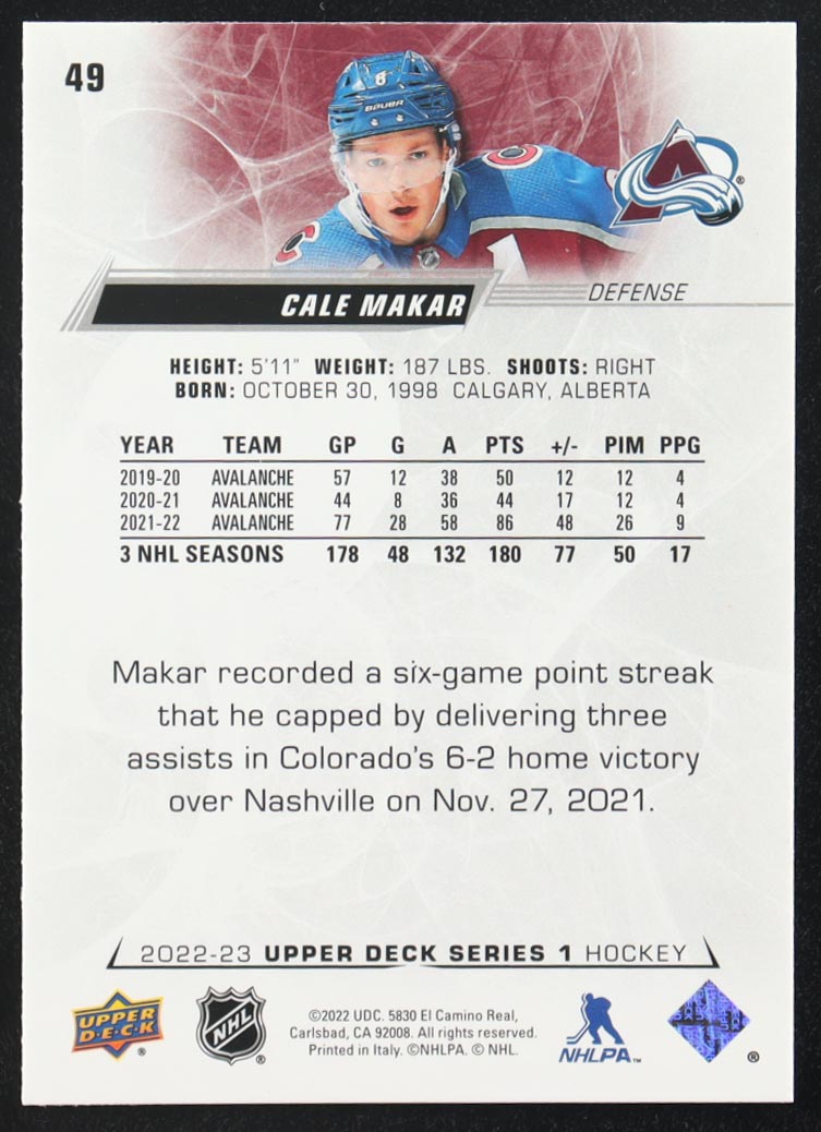 Cale Makar 2022-23 Upper Deck #49 at PristineAuction.com Cale Makar 2022-23 Upper Deck #49 at PristineAuction.com