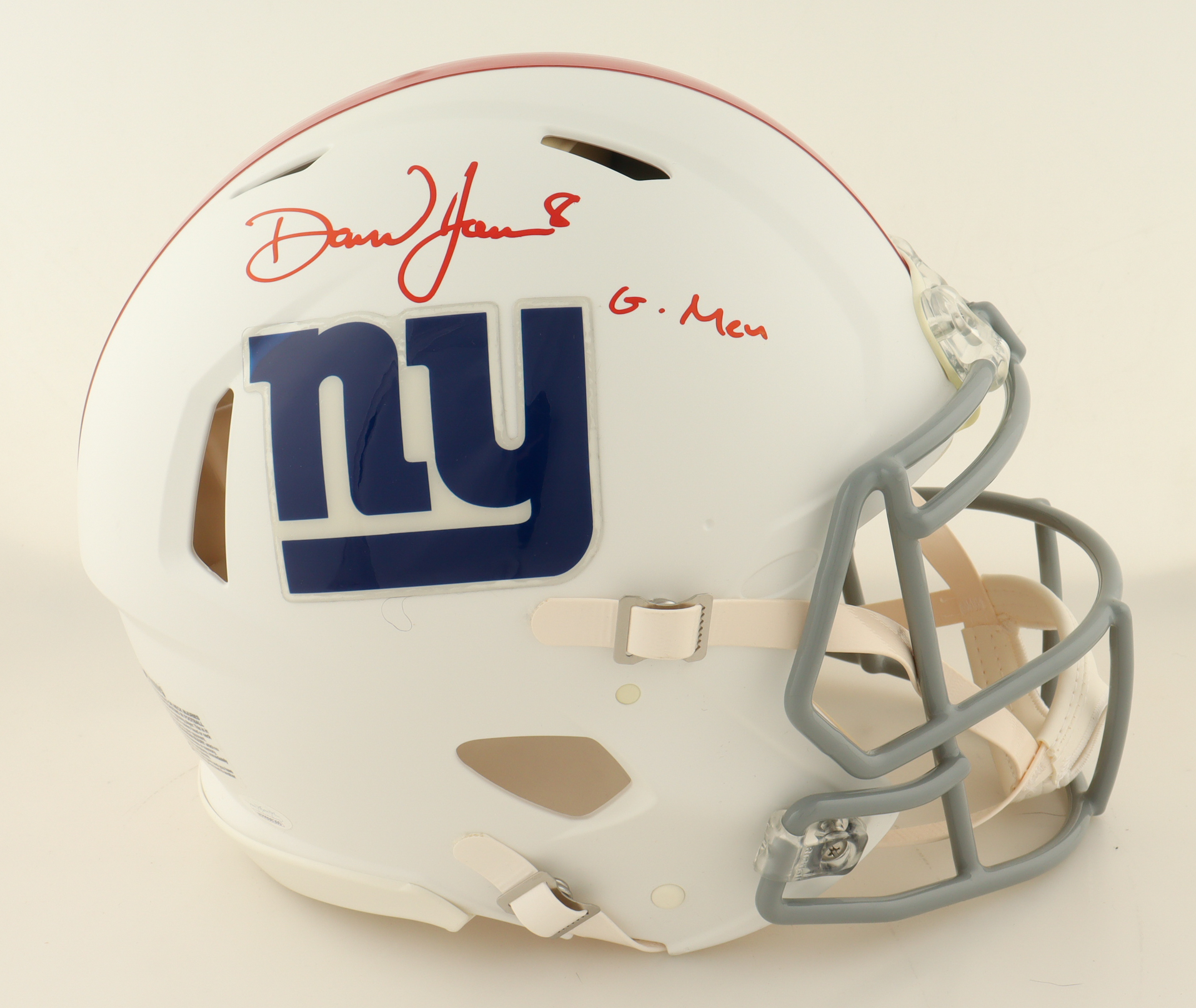 Daniel Jones Signed Giants Full-Size Authentic On-Field Flat White Alternate Speed Helmet Inscribed "G-Men" (JSA) at PristineAuction.com Daniel Jones Signed Giants Full-Size Authentic On-Field Flat White Alternate Speed Helmet Inscribed "G-Men" (JSA) at PristineAuction.com