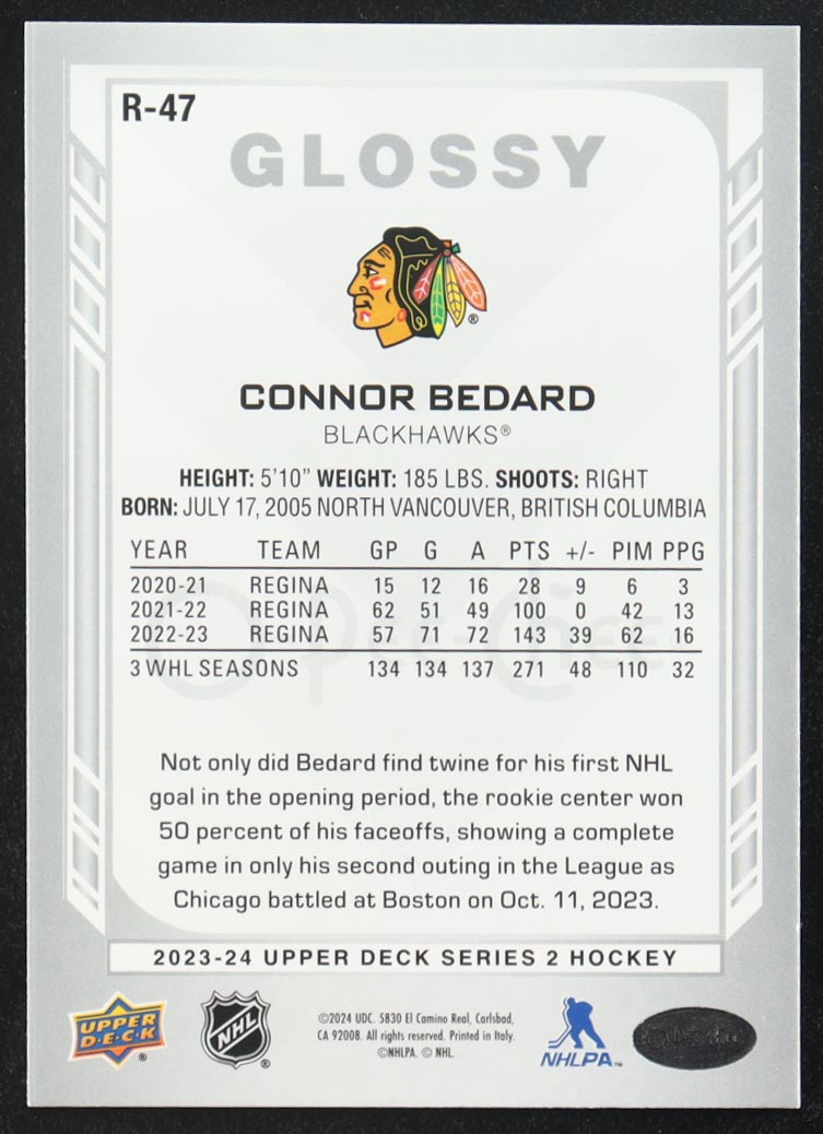Connor Bedard 2023-24 Upper Deck OPC Glossy #R47 RC at PristineAuction.com Connor Bedard 2023-24 Upper Deck OPC Glossy #R47 RC at PristineAuction.com