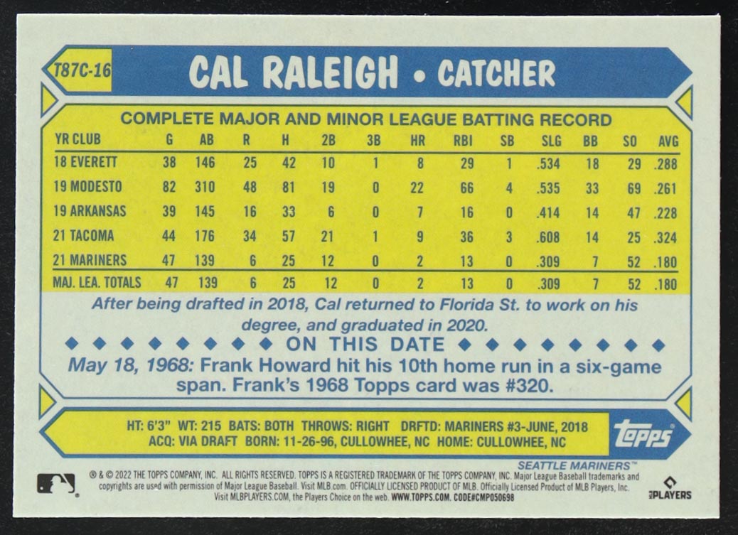 Cal Raleigh 2022 Topps '87 Topps Silver Pack Chrome #T87C16 RC at PristineAuction.com Cal Raleigh 2022 Topps '87 Topps Silver Pack Chrome #T87C16 RC at PristineAuction.com