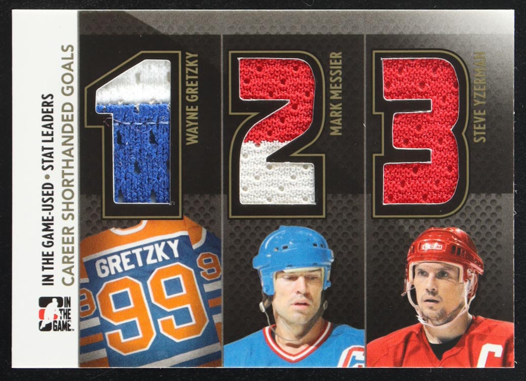 Wayne Gretzky / Mark Messier / Steve Yzerman 2013-14 ITG Used Stat Leaders Triple Jerseys Gold #SL06 at PristineAuction.com Wayne Gretzky / Mark Messier / Steve Yzerman 2013-14 ITG Used Stat Leaders Triple Jerseys Gold #SL06 at PristineAuction.com