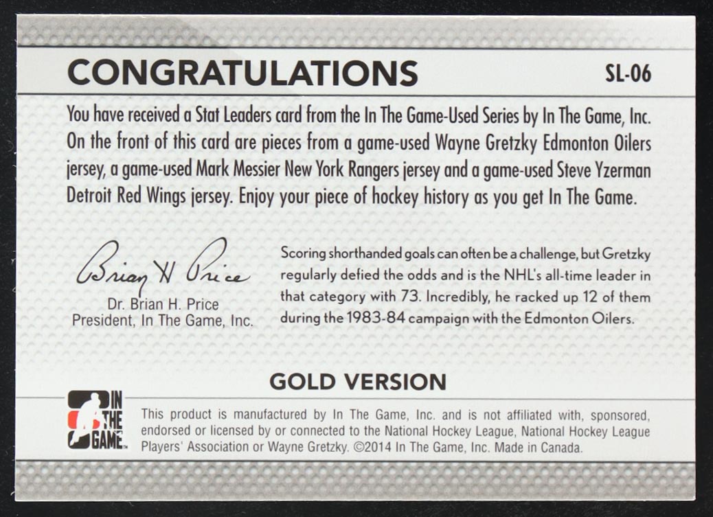 Wayne Gretzky / Mark Messier / Steve Yzerman 2013-14 ITG Used Stat Leaders Triple Jerseys Gold #SL06 at PristineAuction.com Wayne Gretzky / Mark Messier / Steve Yzerman 2013-14 ITG Used Stat Leaders Triple Jerseys Gold #SL06 at PristineAuction.com