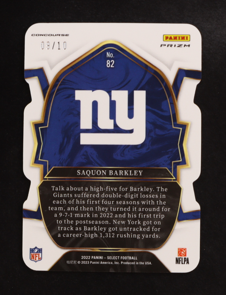Saquon Barkley 2022 Panini Select Prizm Gold Concourse Die Cut #82 #09/10 at PristineAuction.com Saquon Barkley 2022 Panini Select Prizm Gold Concourse Die Cut #82 #09/10 at PristineAuction.com