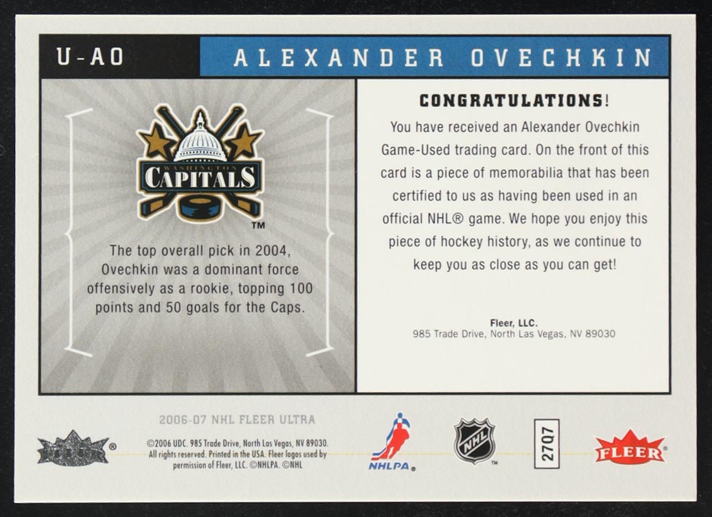 Alexander Ovechkin 2006-07 Ultra Uniformity #UAO at PristineAuction.com Alexander Ovechkin 2006-07 Ultra Uniformity #UAO at PristineAuction.com
