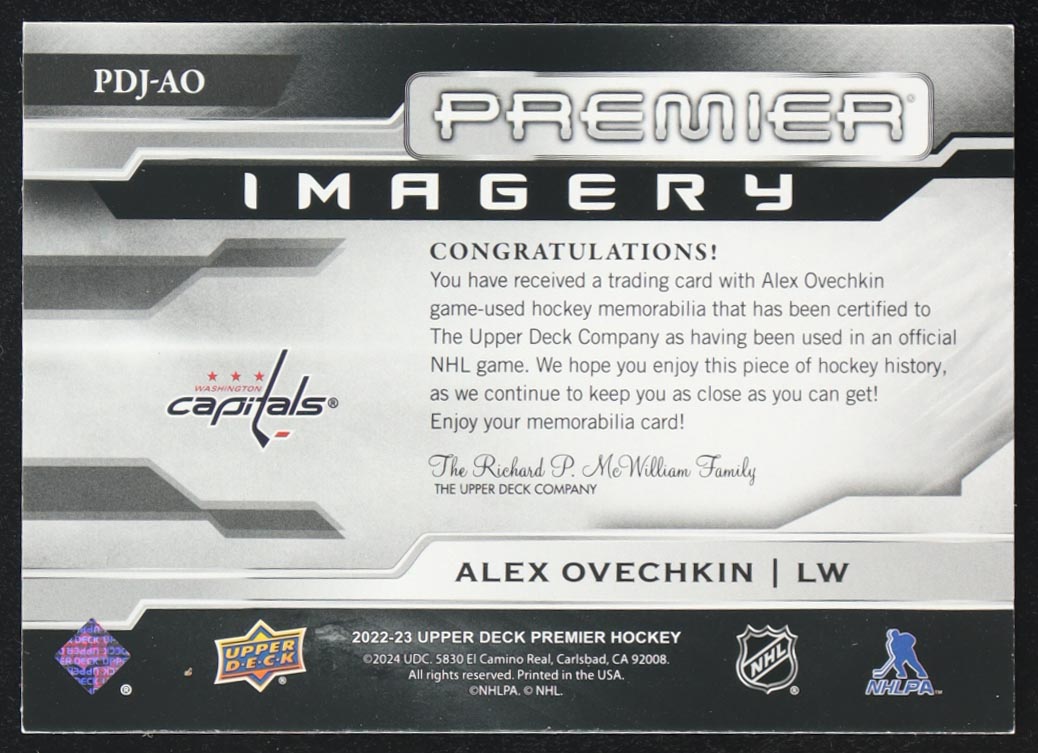 Alex Ovechkin 2022-23 Upper Deck Premier Premier Dynamic Imagery Jerseys #PDJAO #198/300 at PristineAuction.com Alex Ovechkin 2022-23 Upper Deck Premier Premier Dynamic Imagery Jerseys #PDJAO #198/300 at PristineAuction.com