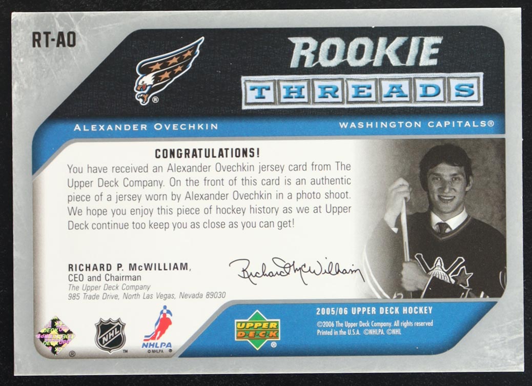 Alexander Ovechkin 2005-06 Upper Deck Rookie Threads #RTAO RC at PristineAuction.com Alexander Ovechkin 2005-06 Upper Deck Rookie Threads #RTAO RC at PristineAuction.com