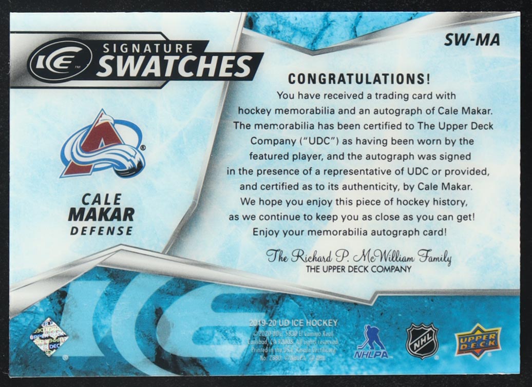 Cale Makar 2019-20 Upper Deck Ice Signature Swatches #SWMA #45/150 at PristineAuction.com Cale Makar 2019-20 Upper Deck Ice Signature Swatches #SWMA #45/150 at PristineAuction.com