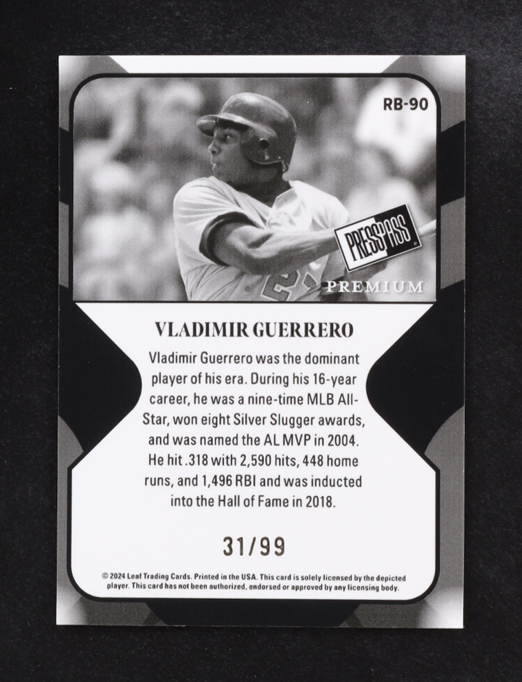 Vladimir Guerrero 2024 Leaf Premium Press Pass #RB-90 #31/99 at PristineAuction.com Vladimir Guerrero 2024 Leaf Premium Press Pass #RB-90 #31/99 at PristineAuction.com