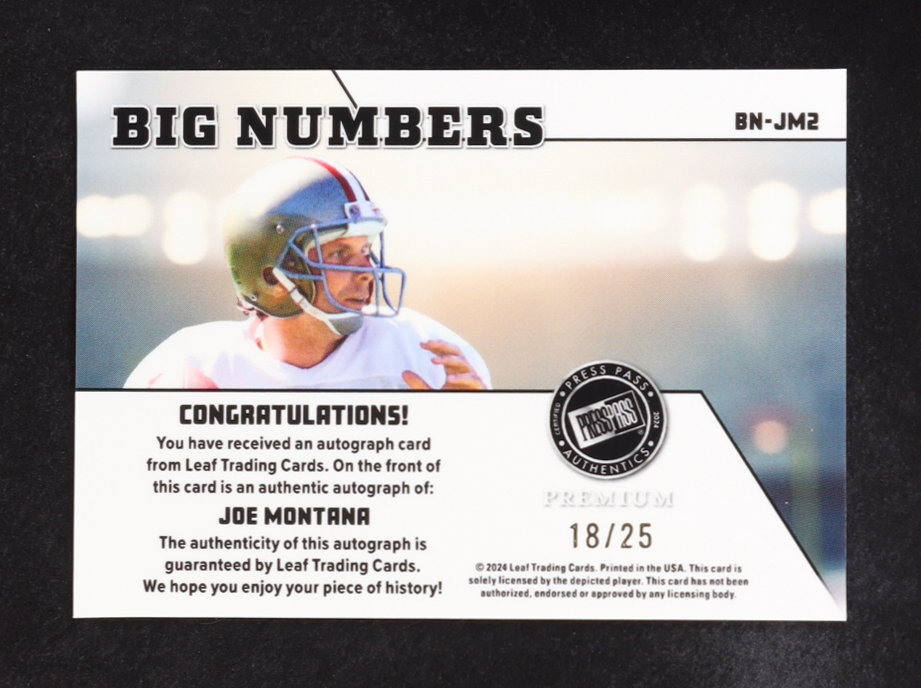 Joe Montana 2024 Press Pass Premium Big Numbers Autographs Hyper #BNJM2 #18/25 at PristineAuction.com Joe Montana 2024 Press Pass Premium Big Numbers Autographs Hyper #BNJM2 #18/25 at PristineAuction.com