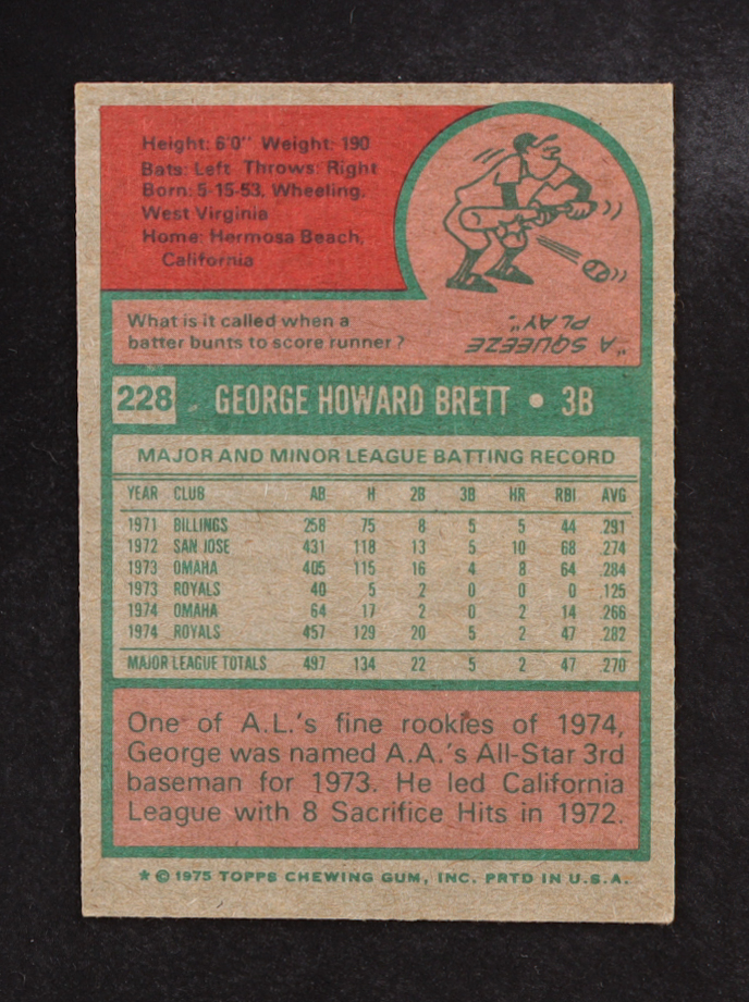 George Brett 1975 Topps #228 RC at PristineAuction.com George Brett 1975 Topps #228 RC at PristineAuction.com