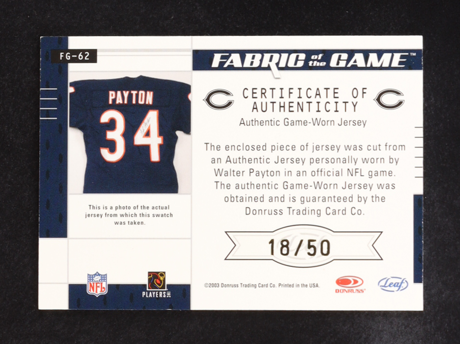Walter Payton 2003 Leaf Certified Materials Fabric of the Game #FG62 #18/50 at PristineAuction.com Walter Payton 2003 Leaf Certified Materials Fabric of the Game #FG62 #18/50 at PristineAuction.com