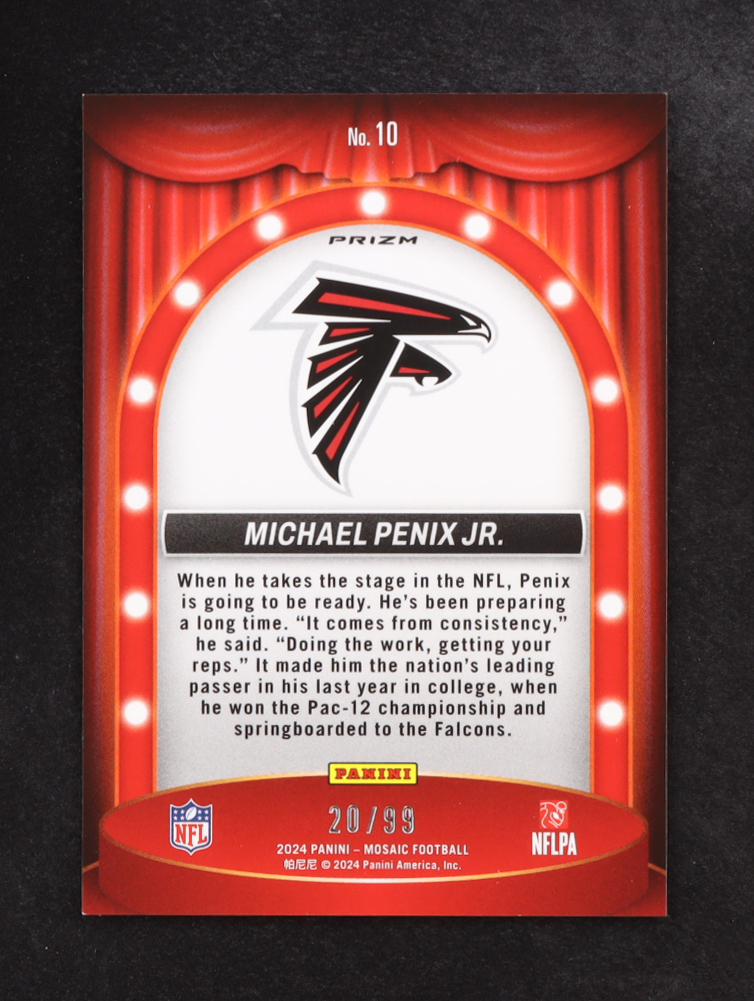 Michael Penix Jr. 2024 Panini Mosaic Center Stage Mosaic Blue #10 #20/99 RC at PristineAuction.com Michael Penix Jr. 2024 Panini Mosaic Center Stage Mosaic Blue #10 #20/99 RC at PristineAuction.com