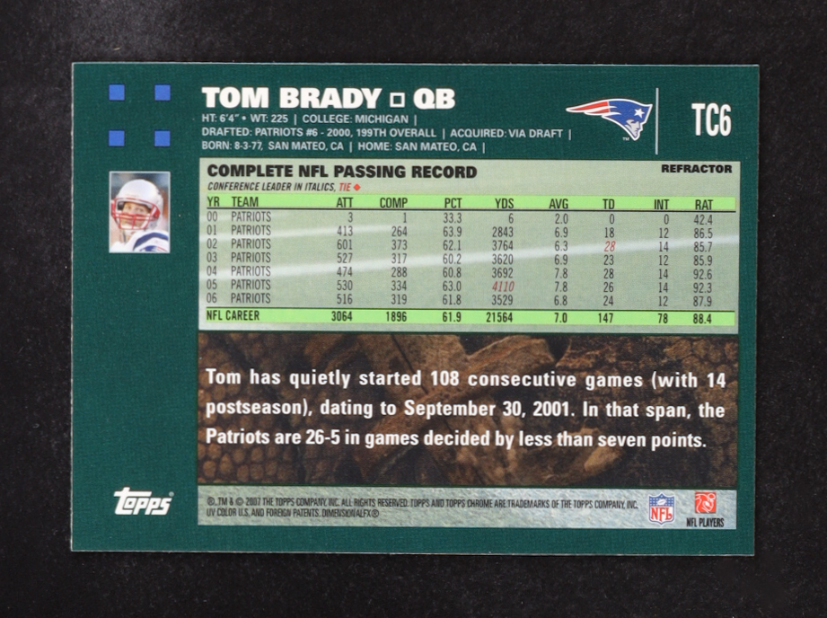 Tom Brady 2007 Topps Chrome Blue Refractors #TC6 at PristineAuction.com Tom Brady 2007 Topps Chrome Blue Refractors #TC6 at PristineAuction.com