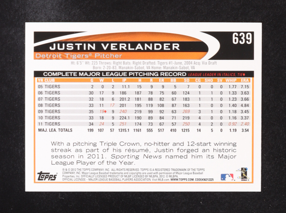 Justin Verlander 2012 Topps #639B VAR SP at PristineAuction.com Justin Verlander 2012 Topps #639B VAR SP at PristineAuction.com