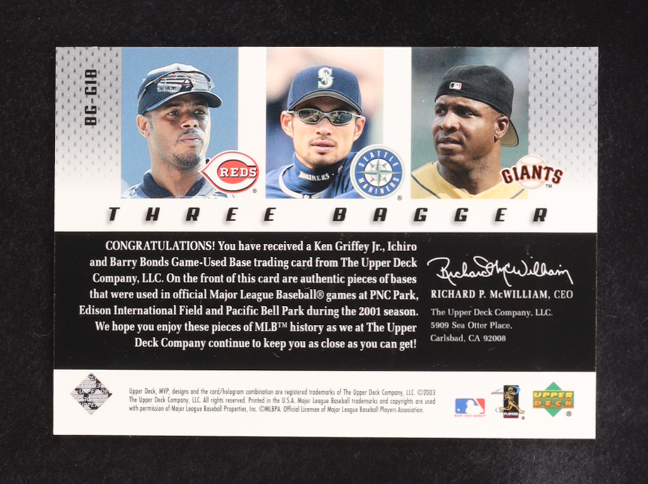 Ken Griffey Jr. / Ichiro Suzuki / Barry Bonds 2003 Upper Deck MVP Three Bagger Game Base #GIB at PristineAuction.com Ken Griffey Jr. / Ichiro Suzuki / Barry Bonds 2003 Upper Deck MVP Three Bagger Game Base #GIB at PristineAuction.com