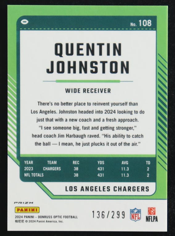 Quentin Johnston 2024 Donruss Optic Aqua #108 #136/199 at PristineAuction.com Quentin Johnston 2024 Donruss Optic Aqua #108 #136/199 at PristineAuction.com