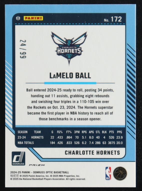 LaMelo Ball 2024-25 Donruss Optic Red #172 #24/99 at PristineAuction.com LaMelo Ball 2024-25 Donruss Optic Red #172 #24/99 at PristineAuction.com