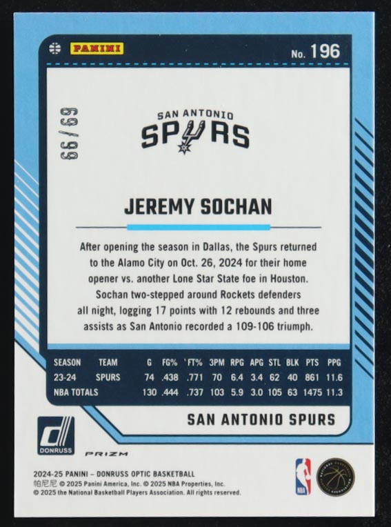 Jeremy Sochan 2024-25 Donruss Optic Copper Glitter #196 #69/99 at PristineAuction.com Jeremy Sochan 2024-25 Donruss Optic Copper Glitter #196 #69/99 at PristineAuction.com