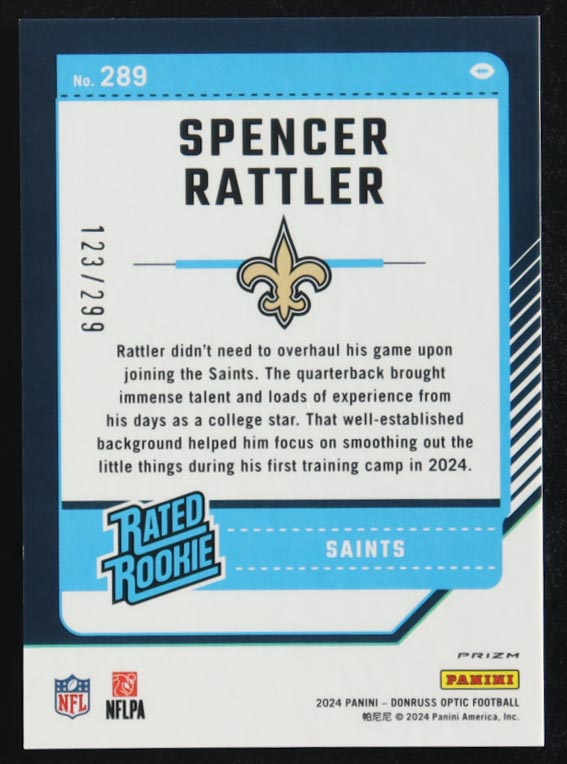 Spencer Rattler 2024 Donruss Optic Aqua #289 RR #123/299 at PristineAuction.com Spencer Rattler 2024 Donruss Optic Aqua #289 RR #123/299 at PristineAuction.com