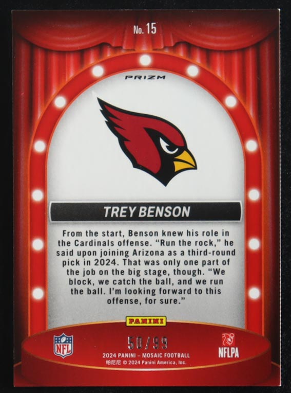 Trey Benson 2024 Panini Mosaic Center Stage Mosaic Blue #15 RC #50/99 at PristineAuction.com Trey Benson 2024 Panini Mosaic Center Stage Mosaic Blue #15 RC #50/99 at PristineAuction.com