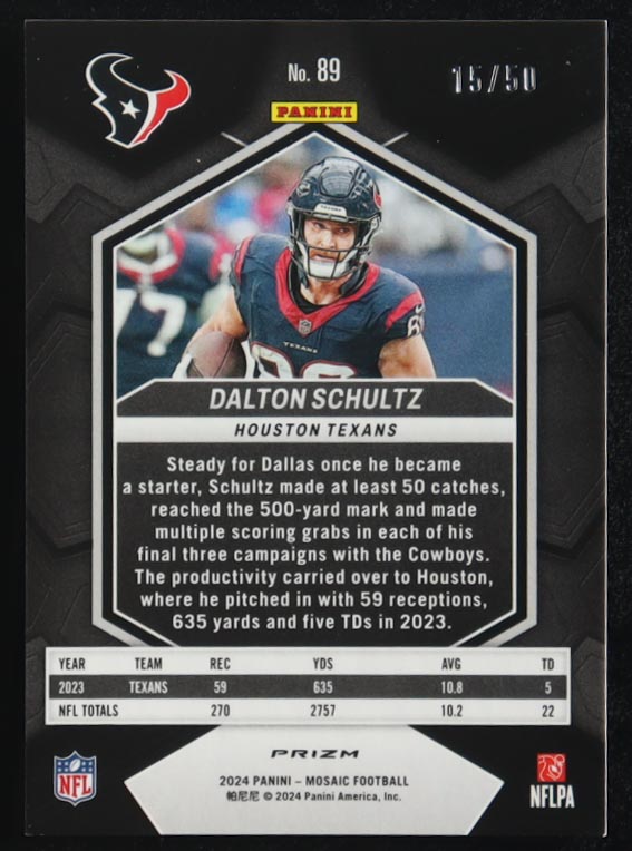 Dalton Schultz 2024 Panini Mosaic Mosaic No Huddle Purple #89 #15/50 at PristineAuction.com Dalton Schultz 2024 Panini Mosaic Mosaic No Huddle Purple #89 #15/50 at PristineAuction.com