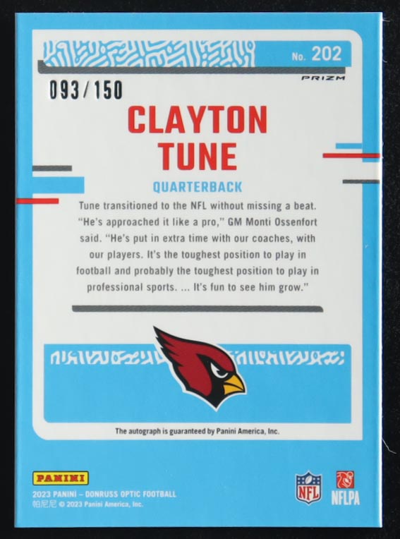 Clayton Tune 2023 Donruss Optic Rated Rookies Autographs Holo #202 RC #93/150 at PristineAuction.com Clayton Tune 2023 Donruss Optic Rated Rookies Autographs Holo #202 RC #93/150 at PristineAuction.com