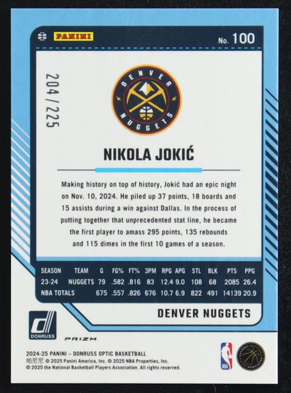 Nikola Jokic 2024-25 Donruss Optic Aqua #100 #204/225 at PristineAuction.com Nikola Jokic 2024-25 Donruss Optic Aqua #100 #204/225 at PristineAuction.com