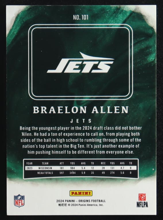 Braelon Allen 2024 Panini Origins Red #101 RC #65/149 at PristineAuction.com Braelon Allen 2024 Panini Origins Red #101 RC #65/149 at PristineAuction.com