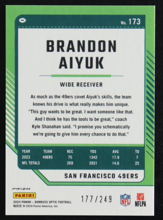 Brandon Aiyuk 2024 Donruss Optic Orange #173 #177/249 at PristineAuction.com Brandon Aiyuk 2024 Donruss Optic Orange #173 #177/249 at PristineAuction.com