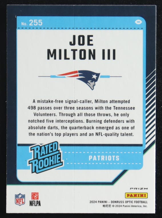 Joe Milton III 2024 Donruss Optic Pink #255 RR RC at PristineAuction.com Joe Milton III 2024 Donruss Optic Pink #255 RR RC at PristineAuction.com