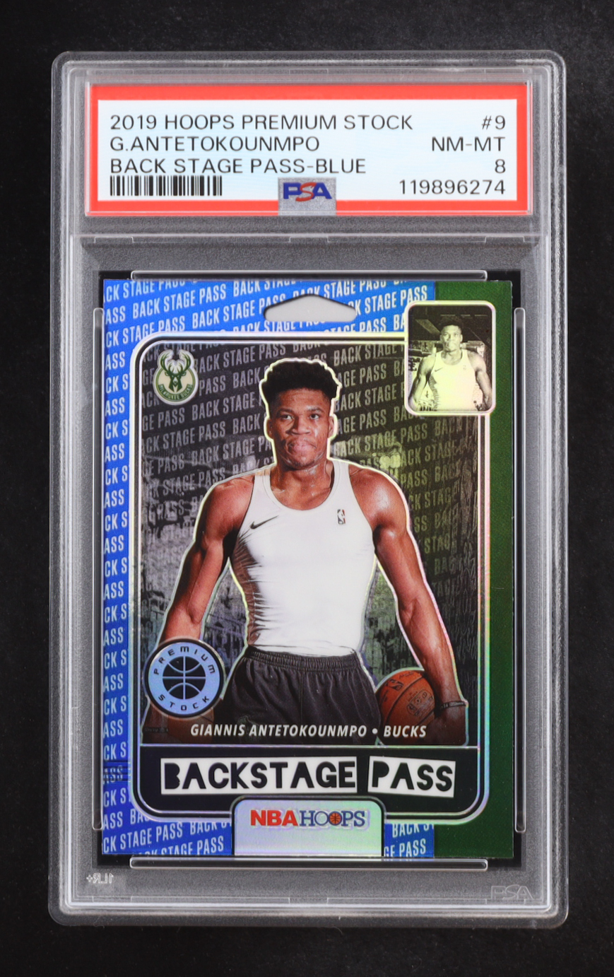 Giannis Antetokounmpo 2019 Hoops Premium Stock Back Stage Pass Blue #9 (PSA 8) at PristineAuction.com Giannis Antetokounmpo 2019 Hoops Premium Stock Back Stage Pass Blue #9 (PSA 8) at PristineAuction.com