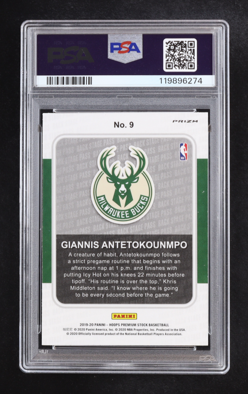 Giannis Antetokounmpo 2019 Hoops Premium Stock Back Stage Pass Blue #9 (PSA 8) at PristineAuction.com Giannis Antetokounmpo 2019 Hoops Premium Stock Back Stage Pass Blue #9 (PSA 8) at PristineAuction.com