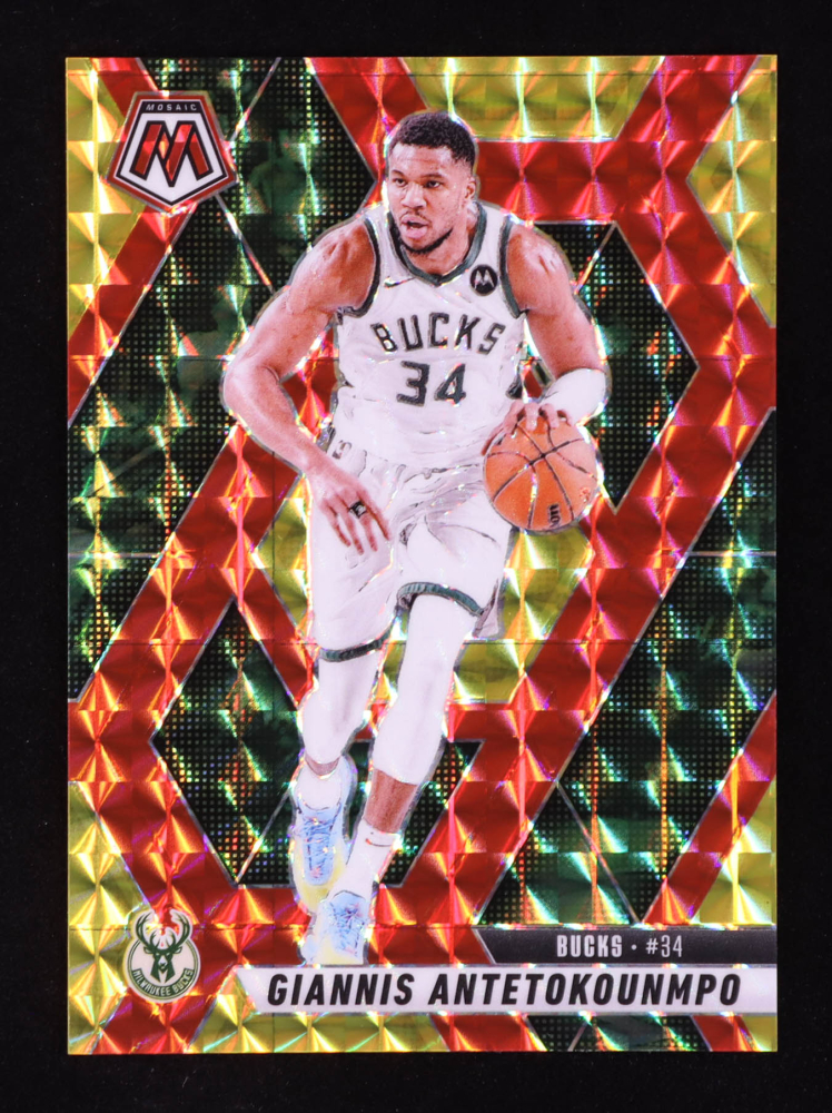 Giannis Antetokounmpo 2024-25 Panini Mosaic Mosaic Choice Fusion Red and Yellow #13 #05/75