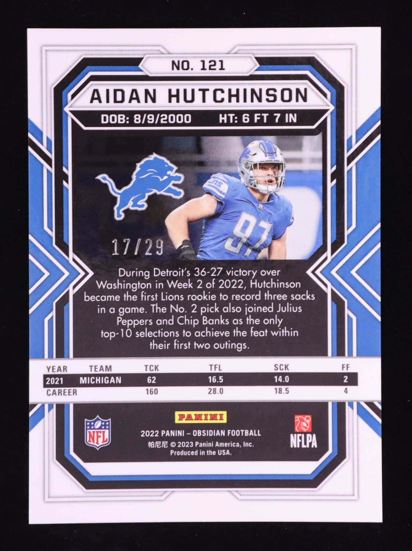 Aidan Hutchinson 2022 Panini Obsidian Electric Etch Red Flood #121 #17/29 RC at PristineAuction.com Aidan Hutchinson 2022 Panini Obsidian Electric Etch Red Flood #121 #17/29 RC at PristineAuction.com