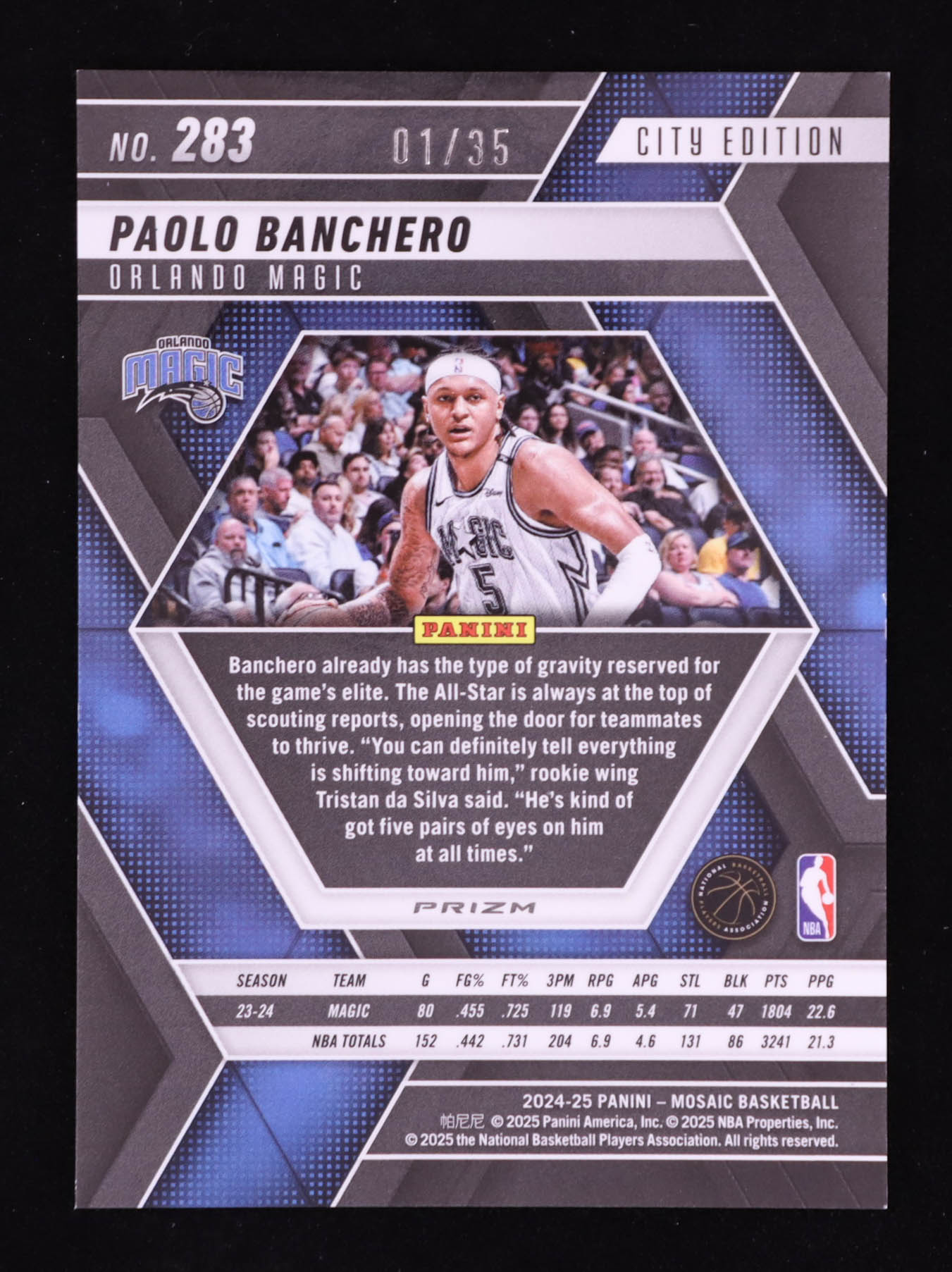 Paolo Banchero 2024-25 Panini Mosaic Mosaic International Blue #283 City Edition #01/35 at PristineAuction.com Paolo Banchero 2024-25 Panini Mosaic Mosaic International Blue #283 City Edition #01/35 at PristineAuction.com