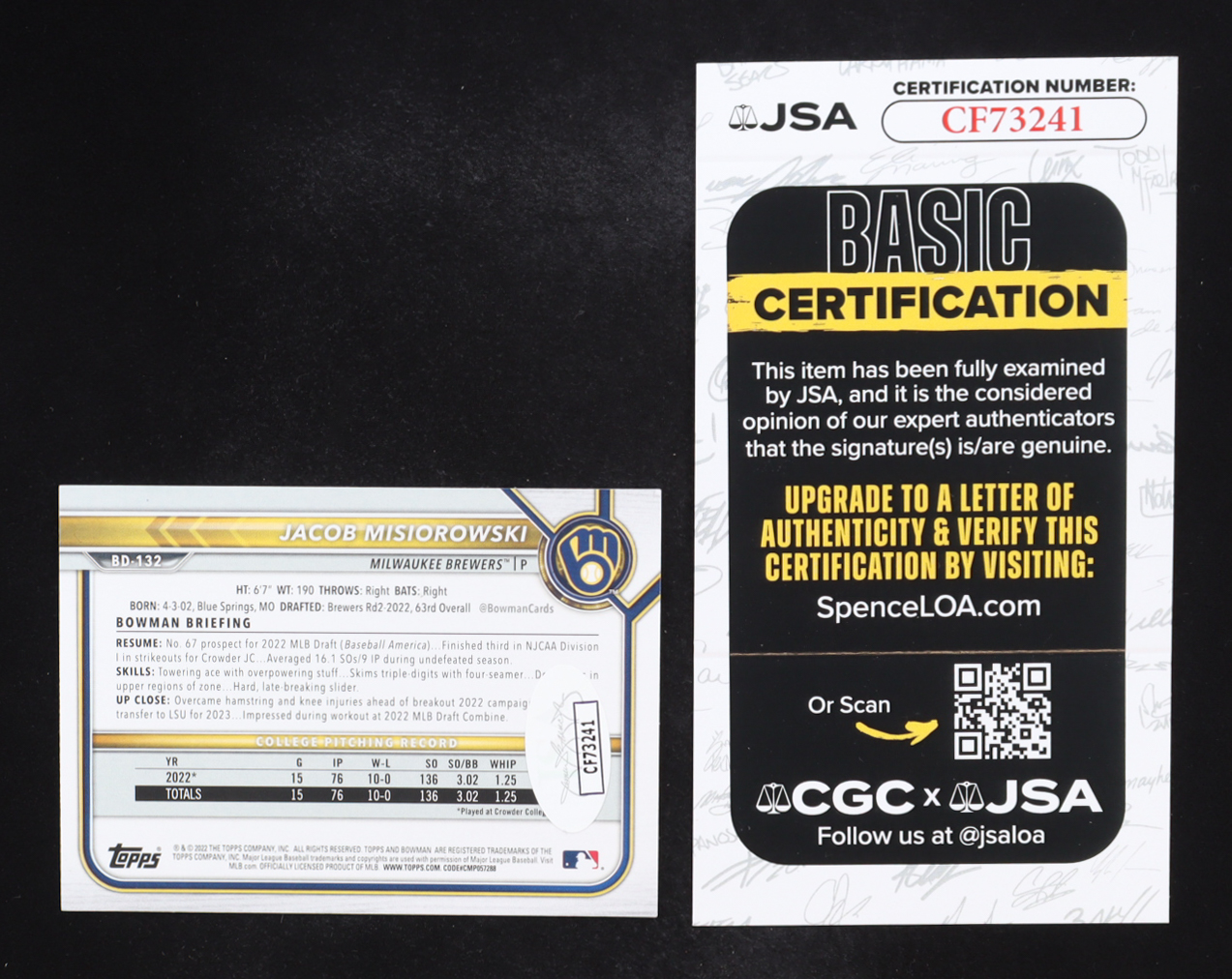 Jacob Misiorowski Signed 2022 Bowman Draft #BD132 RC (JSA) at PristineAuction.com Jacob Misiorowski Signed 2022 Bowman Draft #BD132 RC (JSA) at PristineAuction.com