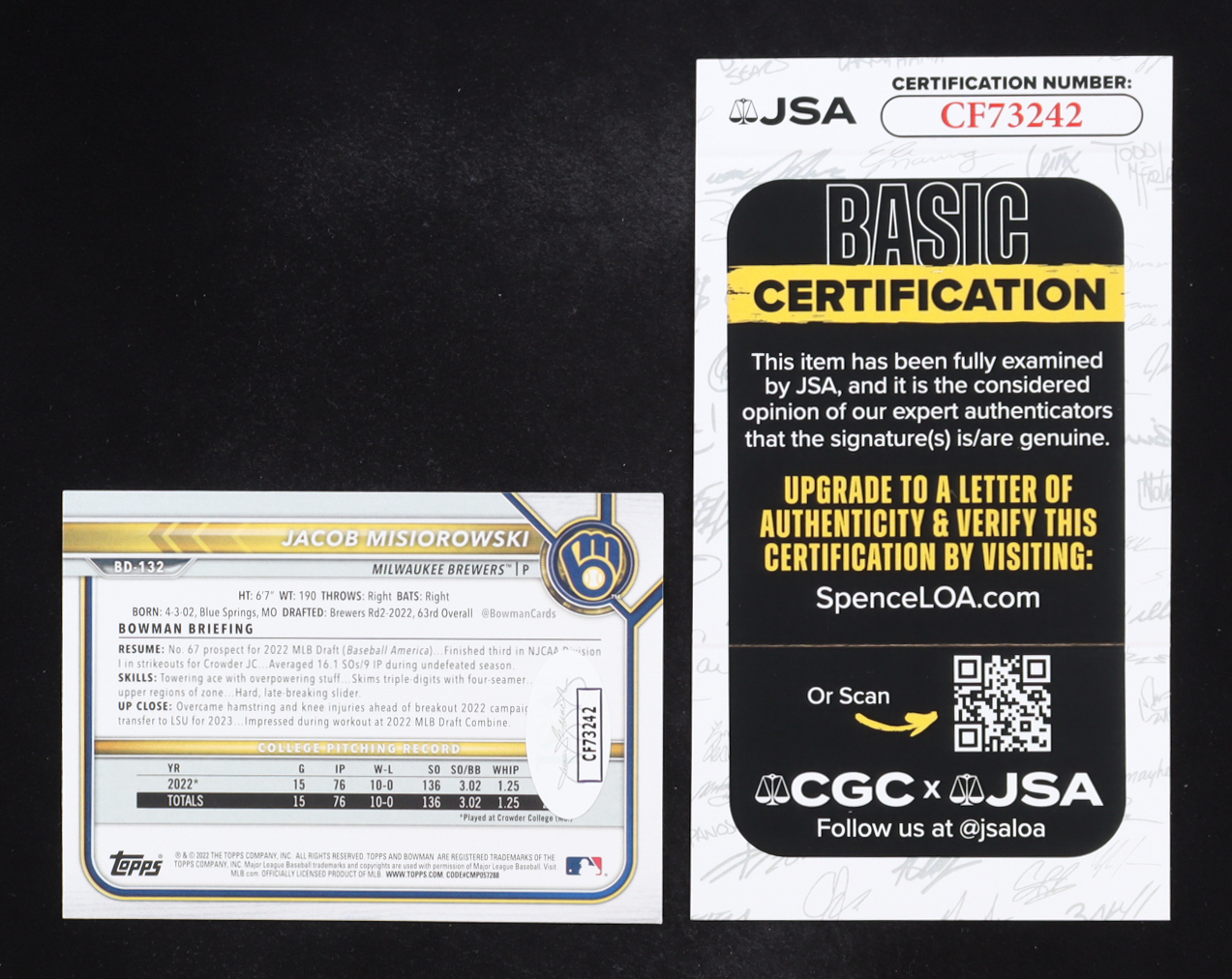 Jacob Misiorowski Signed 2022 Bowman Draft #BD132 RC (JSA) at PristineAuction.com Jacob Misiorowski Signed 2022 Bowman Draft #BD132 RC (JSA) at PristineAuction.com