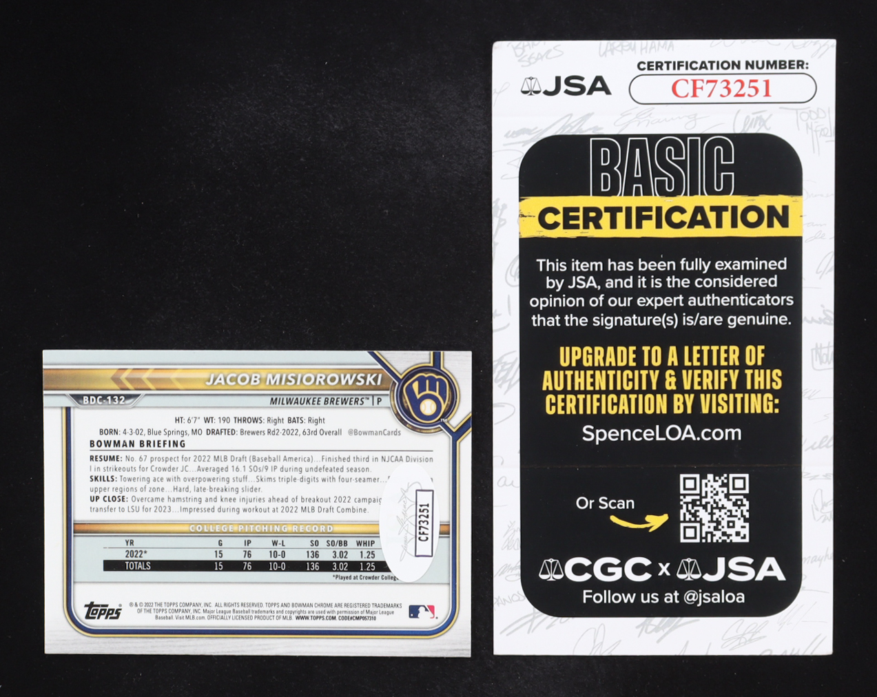 Jacob Misiorowski Signed 2022 Bowman Chrome Draft #BDC132 RC (JSA) at PristineAuction.com Jacob Misiorowski Signed 2022 Bowman Chrome Draft #BDC132 RC (JSA) at PristineAuction.com