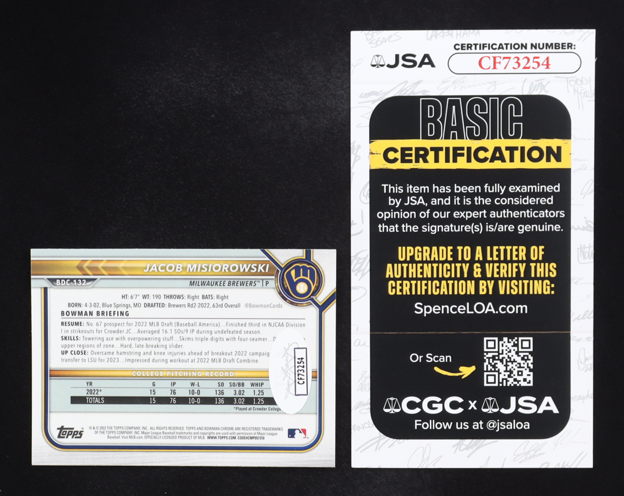 Jacob Misiorowski Signed 2022 Bowman Chrome Draft #BDC132 RC (JSA) at PristineAuction.com Jacob Misiorowski Signed 2022 Bowman Chrome Draft #BDC132 RC (JSA) at PristineAuction.com