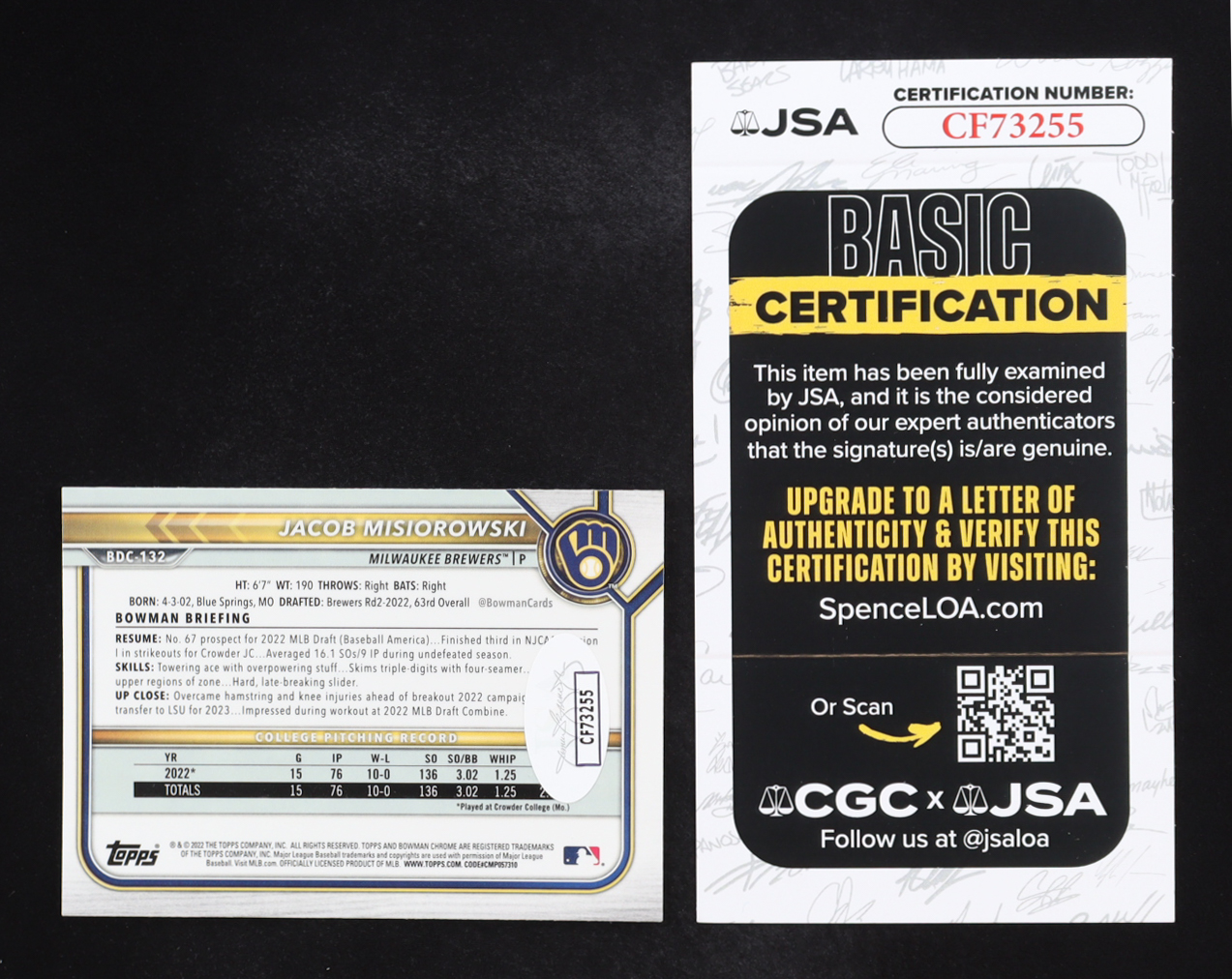 Jacob Misiorowski Signed 2022 Bowman Chrome Draft #BDC132 RC (JSA) at PristineAuction.com Jacob Misiorowski Signed 2022 Bowman Chrome Draft #BDC132 RC (JSA) at PristineAuction.com