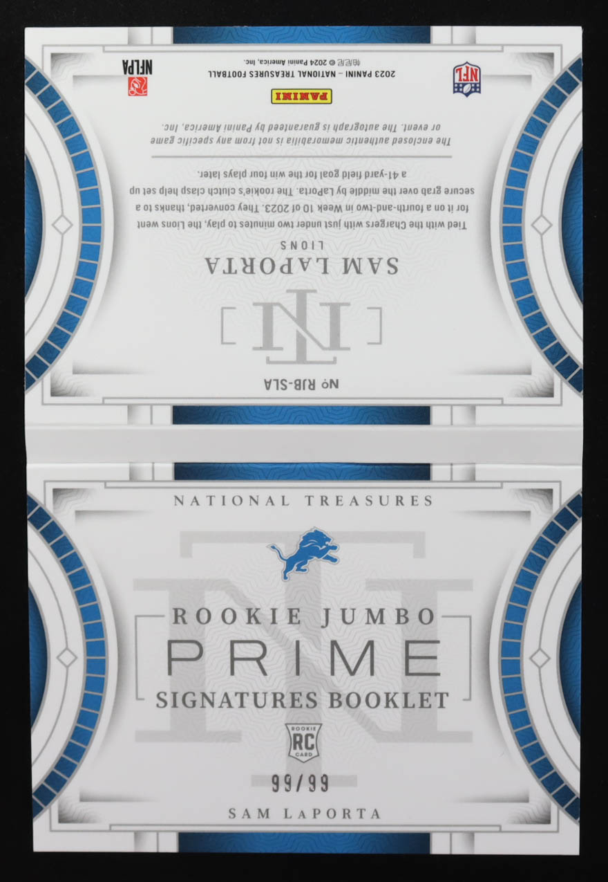 Sam LaPorta 2023 Panini National Treasures Rookie Jumbo Prime Signatures Booklet #20 RC #99/99 at PristineAuction.com Sam LaPorta 2023 Panini National Treasures Rookie Jumbo Prime Signatures Booklet #20 RC #99/99 at PristineAuction.com