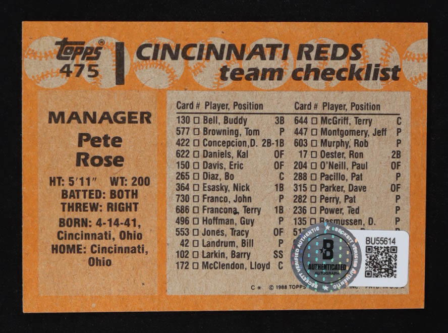 Pete Rose Signed 1988 Topps #475 MG (Beckett) at PristineAuction.com Pete Rose Signed 1988 Topps #475 MG (Beckett) at PristineAuction.com