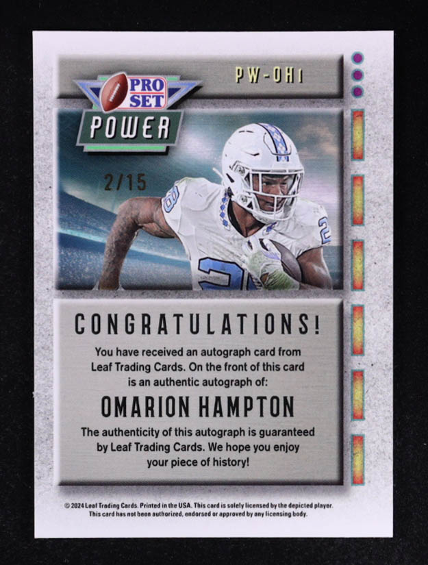 Omarion Hampton 2024 Leaf Pro Set Power Prismatic Silver #PWOH1 RC #2/15 at PristineAuction.com Omarion Hampton 2024 Leaf Pro Set Power Prismatic Silver #PWOH1 RC #2/15 at PristineAuction.com