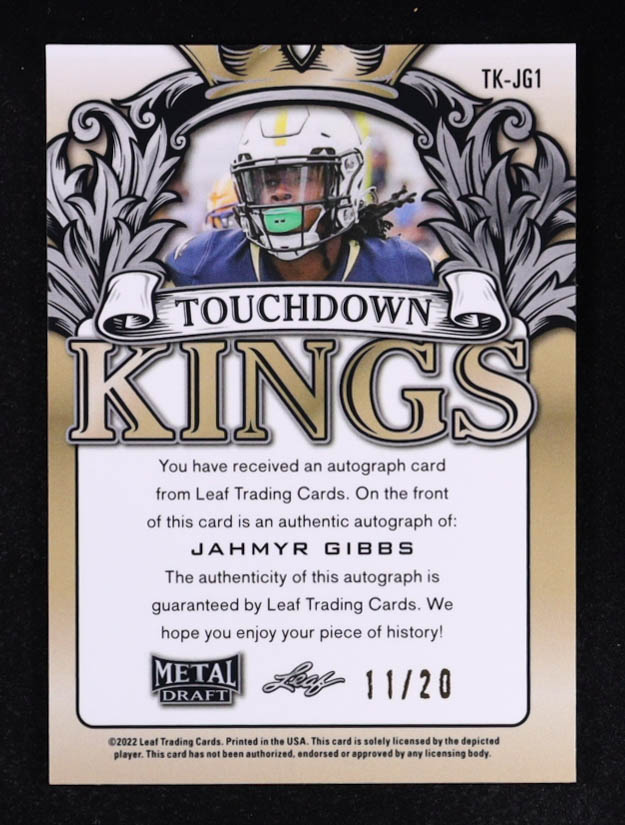 Jahmyr Gibbs 2022 Leaf Metal Draft Touchdown Kings Wave Purple #TKJG1 RC #11/20 at PristineAuction.com Jahmyr Gibbs 2022 Leaf Metal Draft Touchdown Kings Wave Purple #TKJG1 RC #11/20 at PristineAuction.com