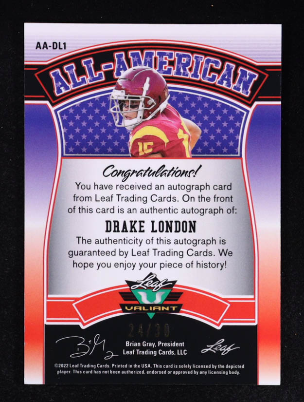 Drake London 2022 Leaf Valiant All-American Autographs Crystal Green #AADL1 RC #24/30 at PristineAuction.com Drake London 2022 Leaf Valiant All-American Autographs Crystal Green #AADL1 RC #24/30 at PristineAuction.com