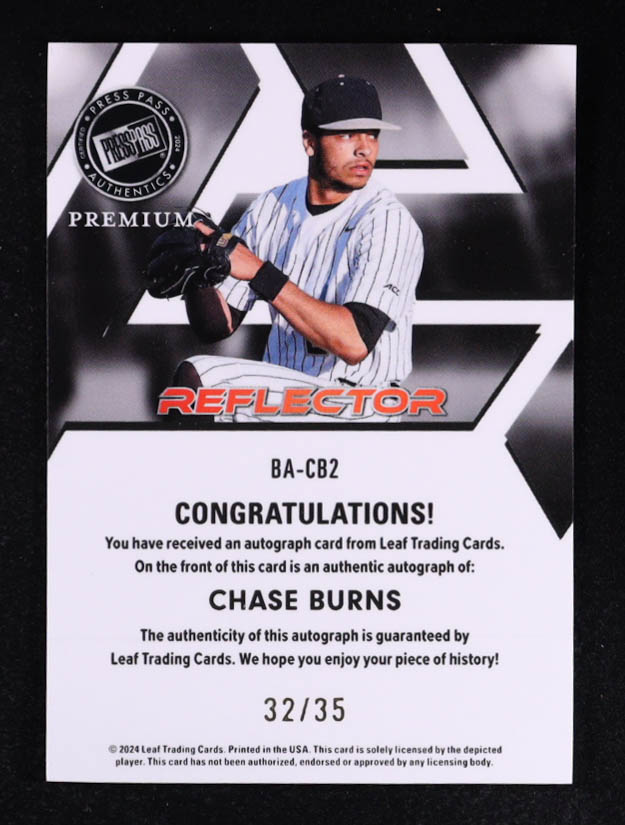 Chase Burns 2024 Press Pass Premium Autograph Reflector Prismatic Silver #BACB2 RC #32/35 at PristineAuction.com Chase Burns 2024 Press Pass Premium Autograph Reflector Prismatic Silver #BACB2 RC #32/35 at PristineAuction.com