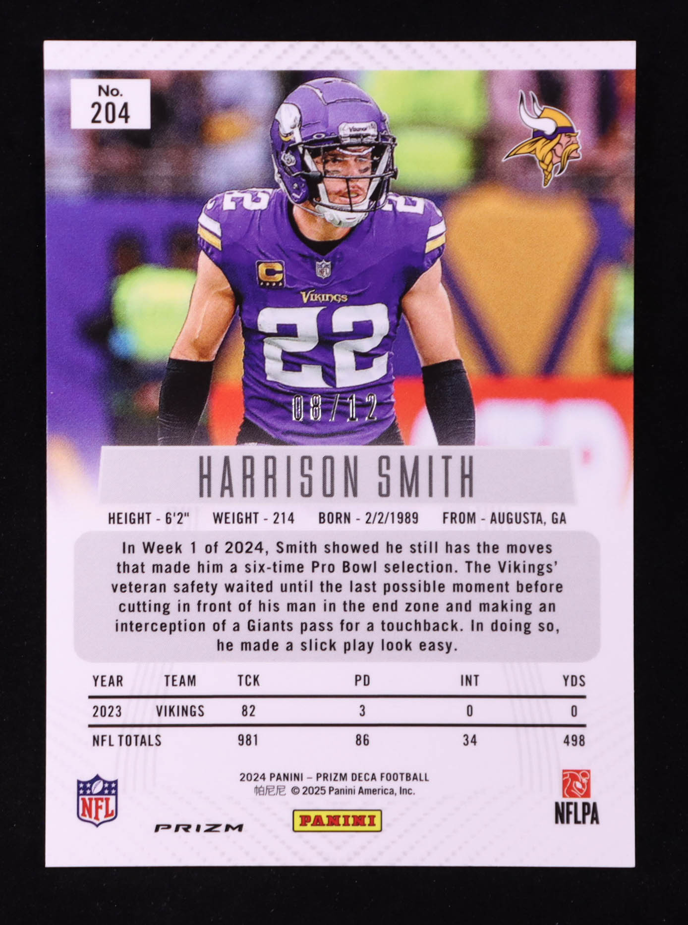Harrison Smith 2024 Panini Prizm Deca Prizms Green Shimmer FOTL #204 #08/12 at PristineAuction.com Harrison Smith 2024 Panini Prizm Deca Prizms Green Shimmer FOTL #204 #08/12 at PristineAuction.com